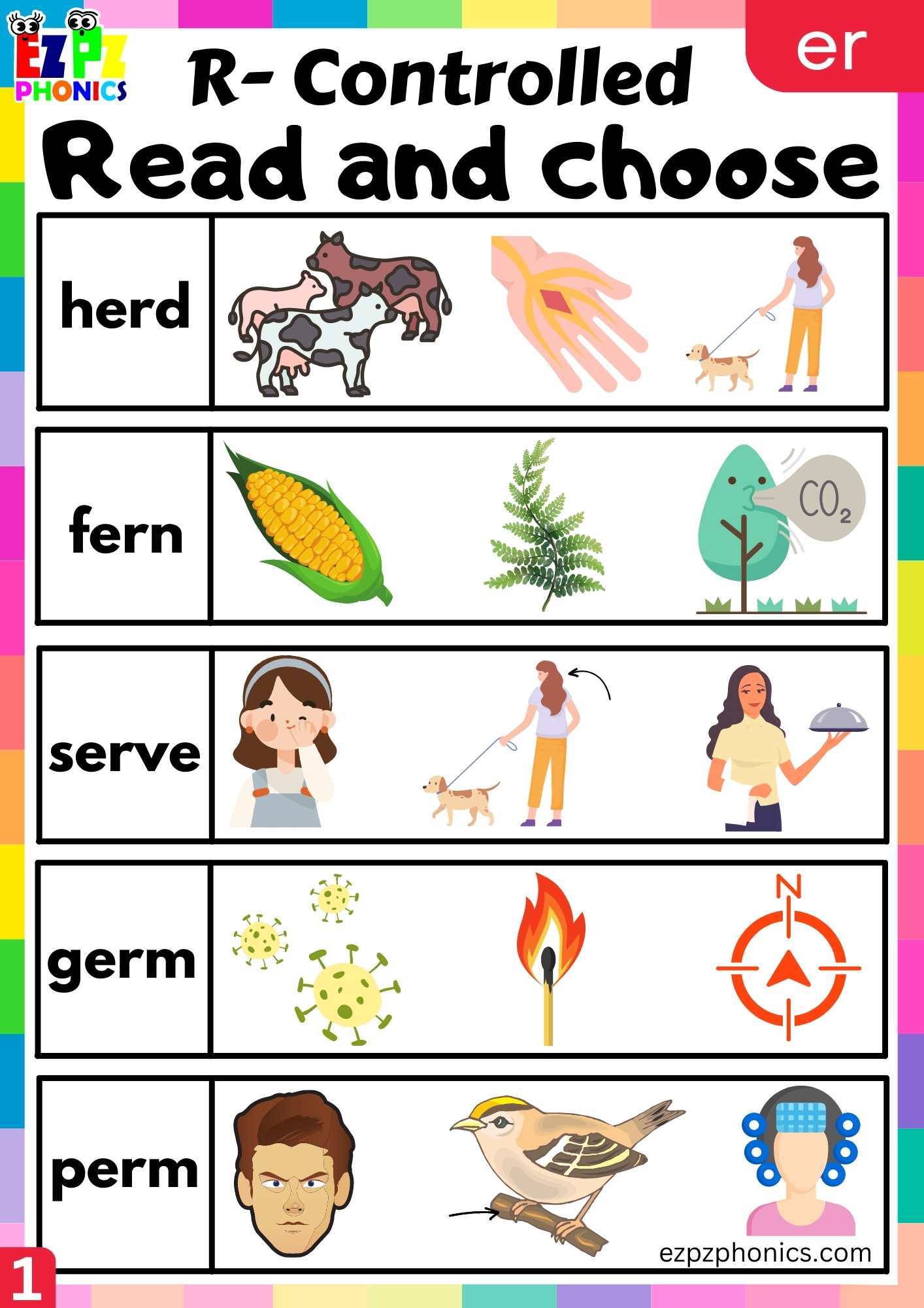 Read and choose activity for er words R controlled vowels phonics group 1